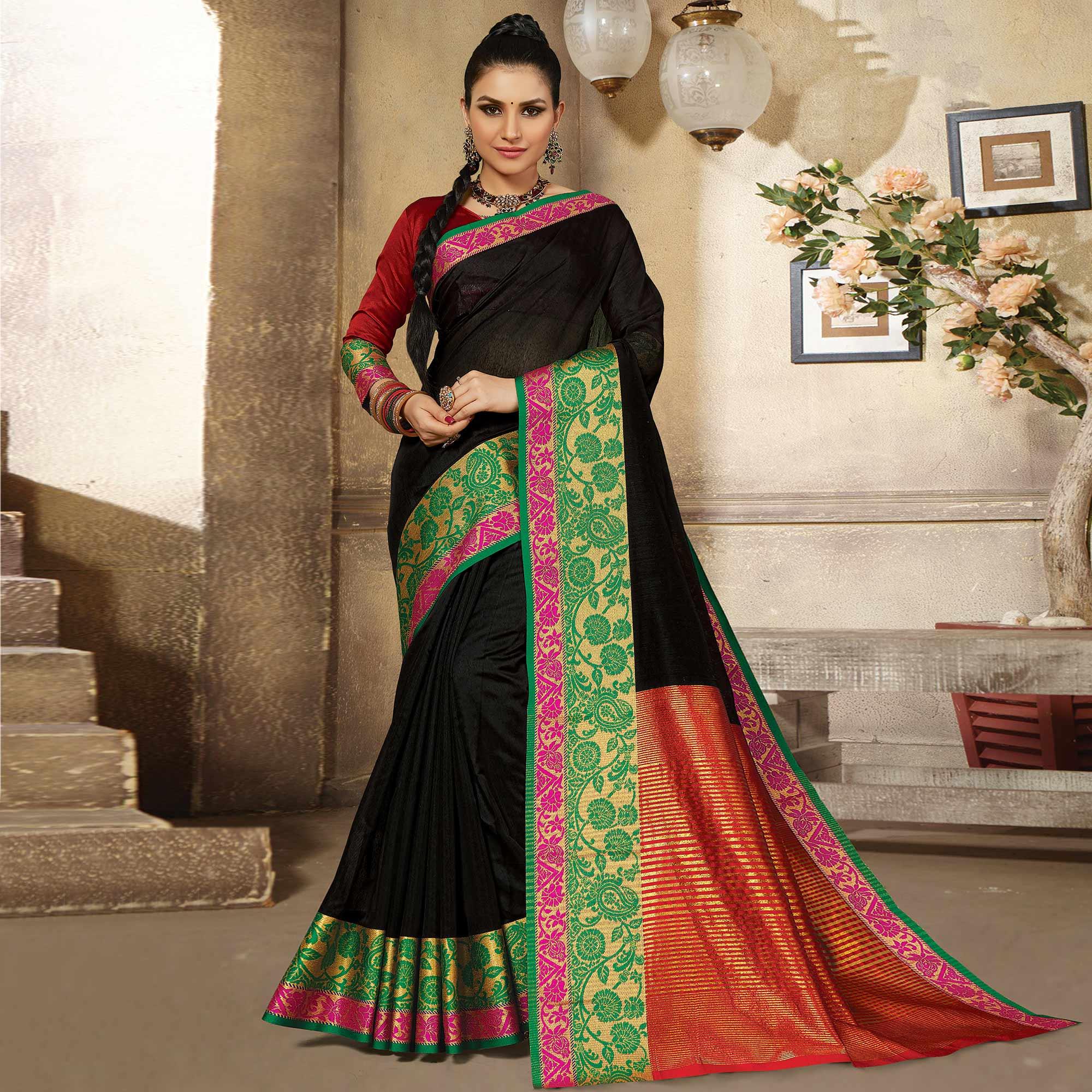 Black Casual Wear Woven Cotton Handloom Saree - Peachmode