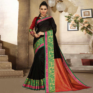 Black Casual Wear Woven Cotton Handloom Saree - Peachmode