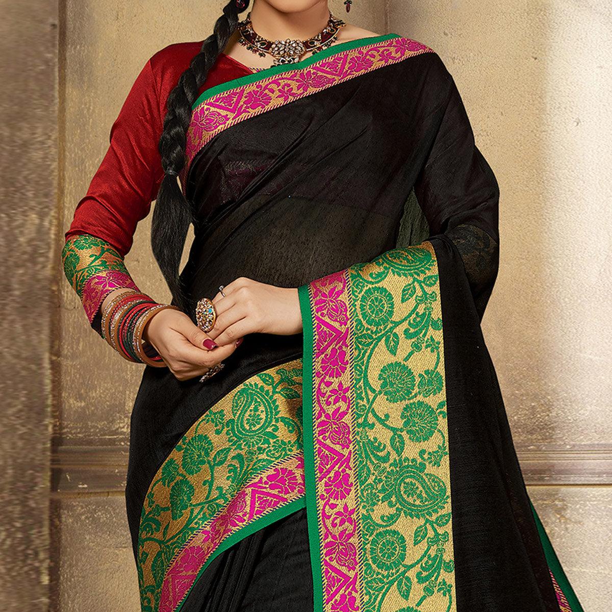 Black Casual Wear Woven Cotton Handloom Saree - Peachmode