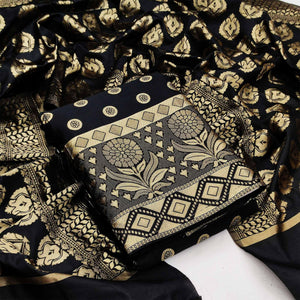 Black Casual Wear Woven Jacquard Banarasi Silk Dress Material - Peachmode