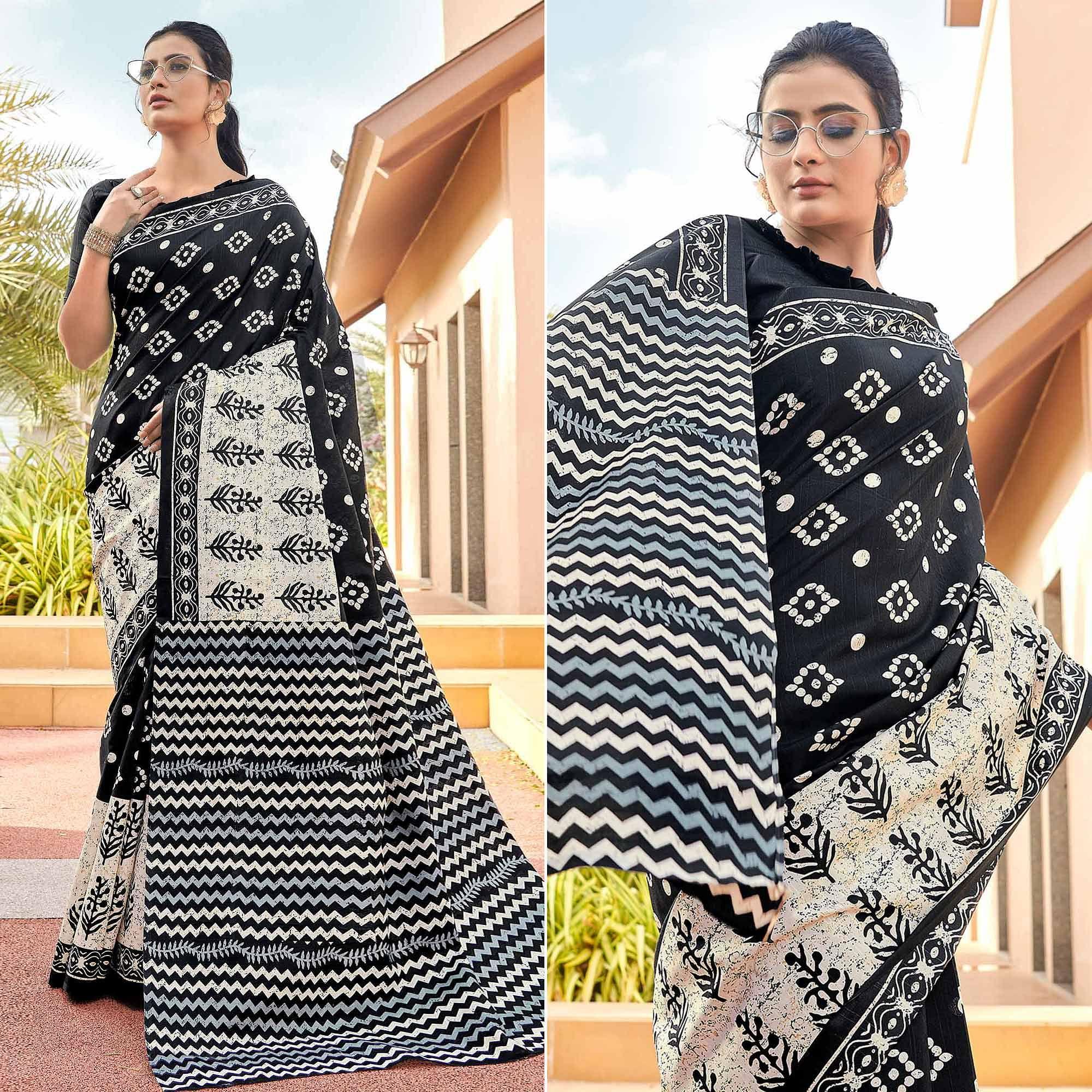 Black Casual Wear Zigzag Printed Bhagalpuri Silk Saree - Peachmode