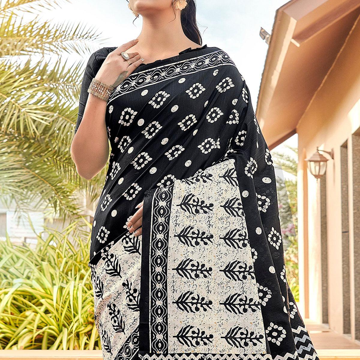 Black Casual Wear Zigzag Printed Bhagalpuri Silk Saree - Peachmode
