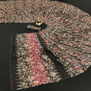 Black-Cream Digital Printed Vichitra Silk Saree - Peachmode