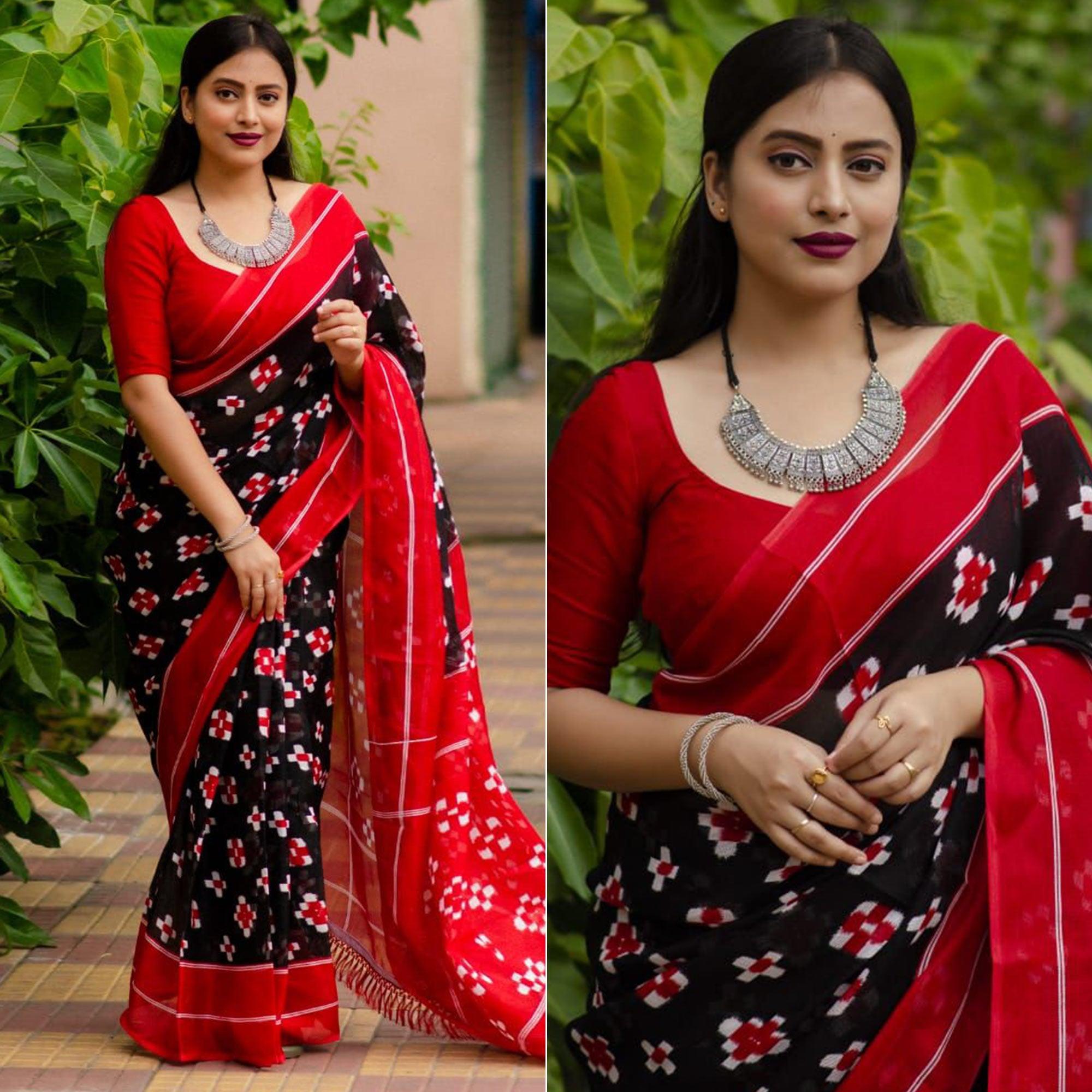 Black Digital Ikkat Printed Linen Saree - Peachmode