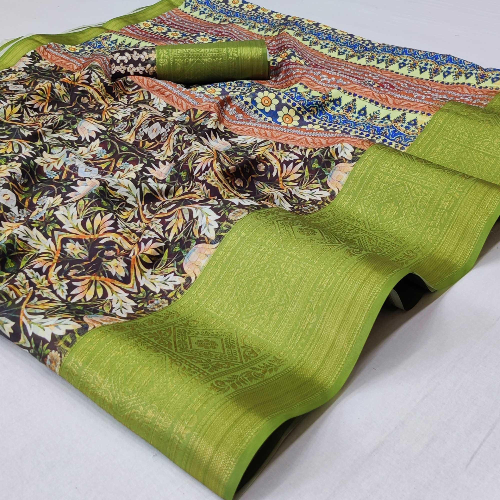 Black Digital Printed Art Silk Saree - Peachmode