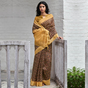 Black Digital Printed Art Silk Saree - Peachmode