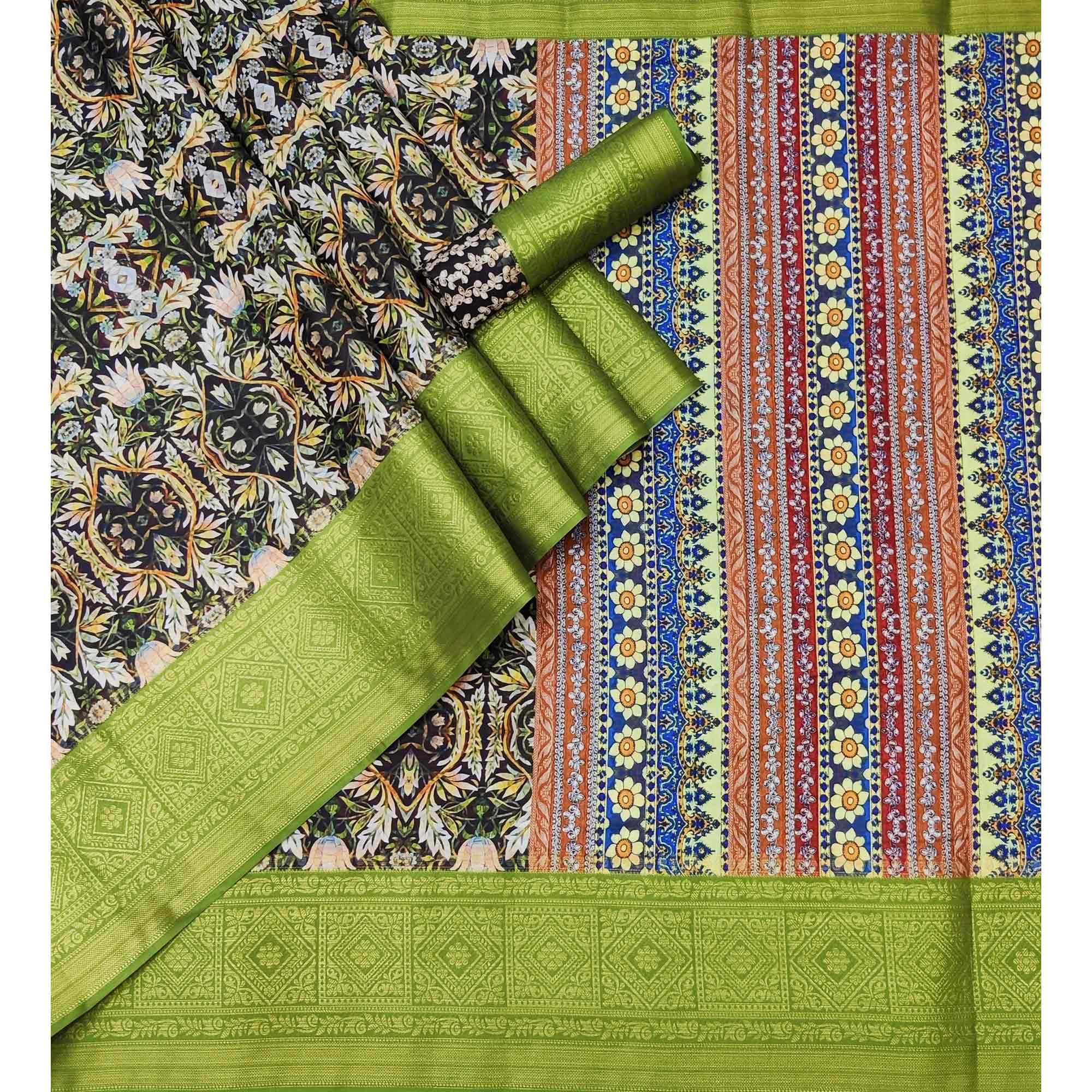 Black Digital Printed Art Silk Saree - Peachmode