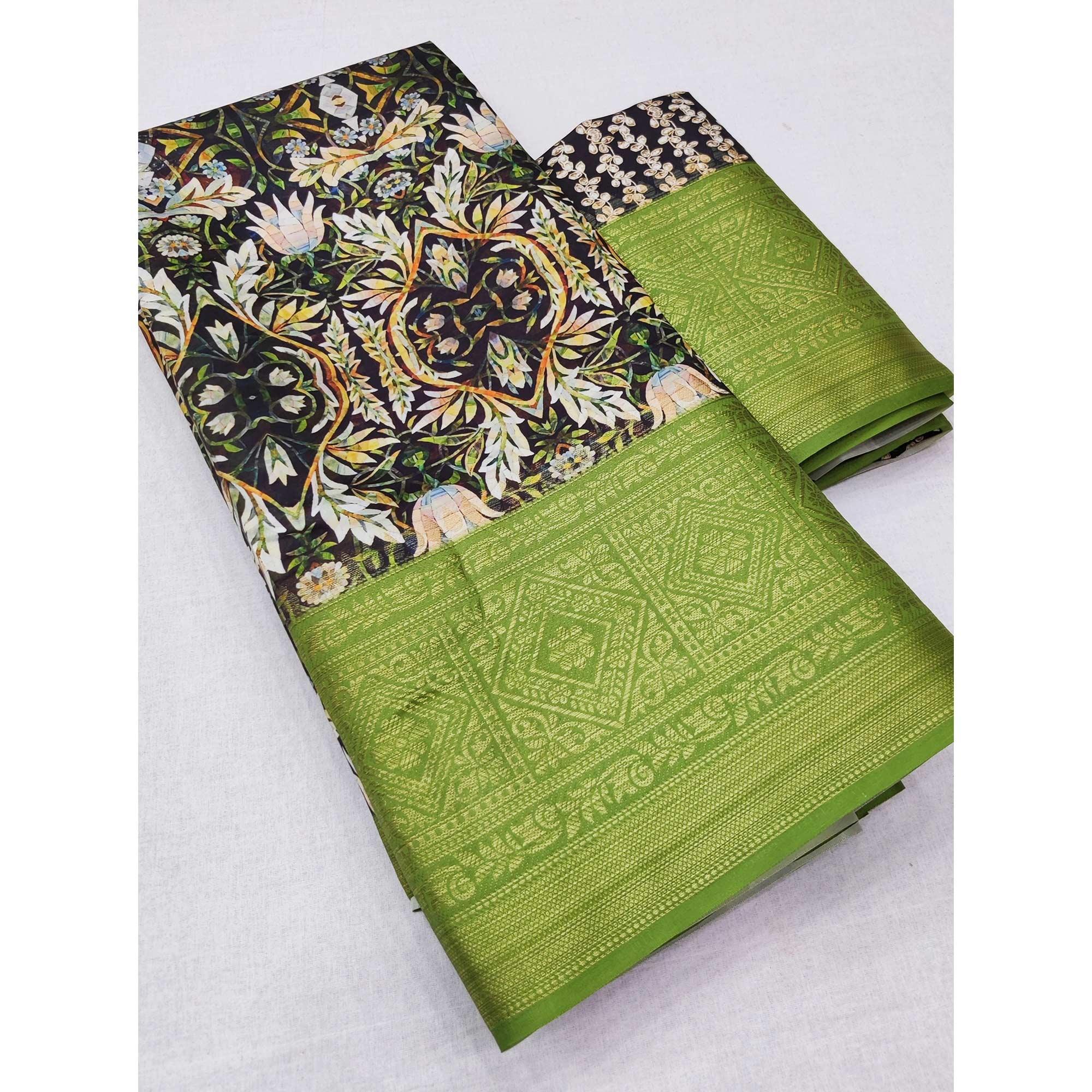 Black Digital Printed Art Silk Saree - Peachmode