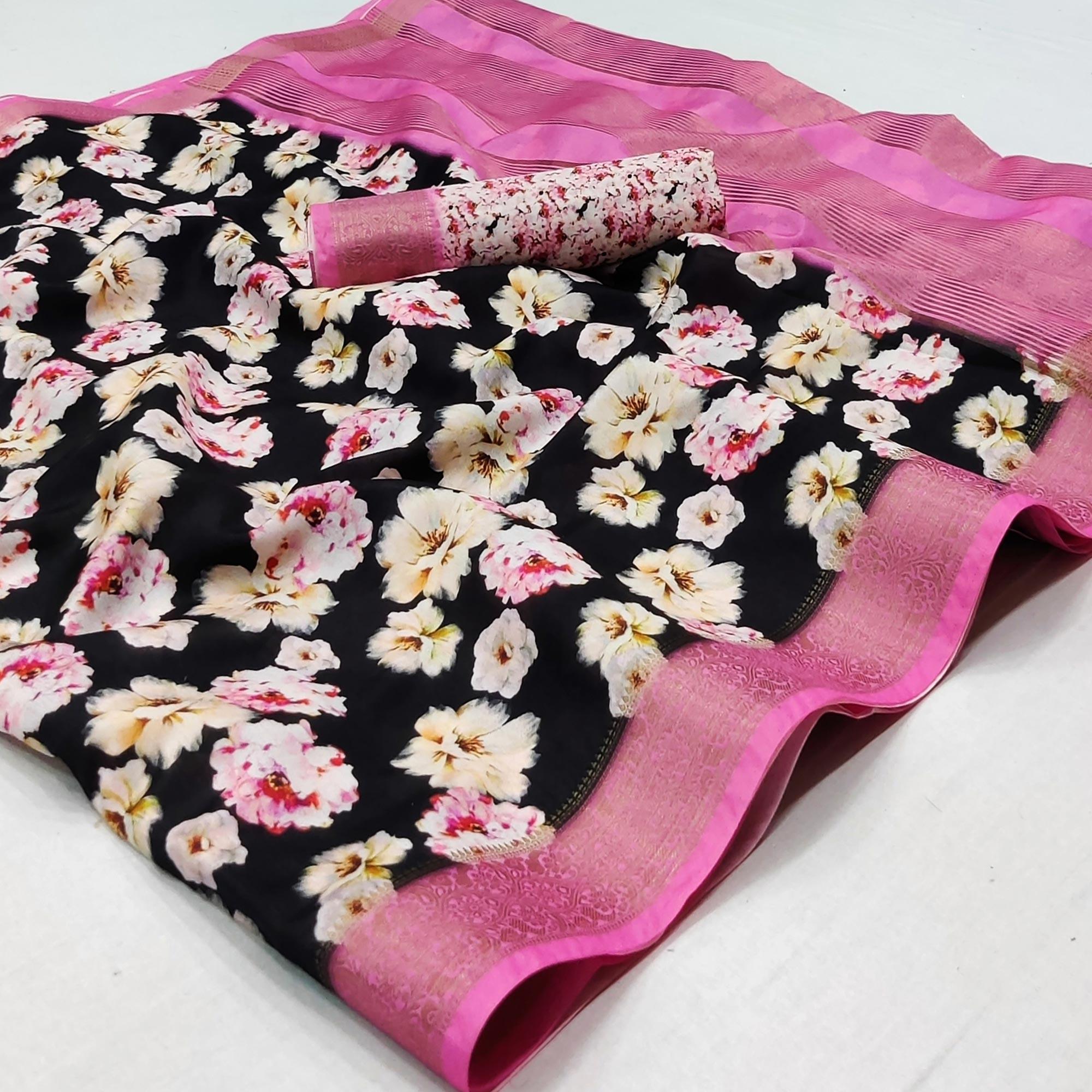 Black Digital Printed Dola Silk Saree - Peachmode