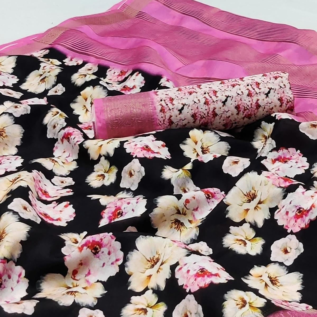 Black Digital Printed Dola Silk Saree - Peachmode