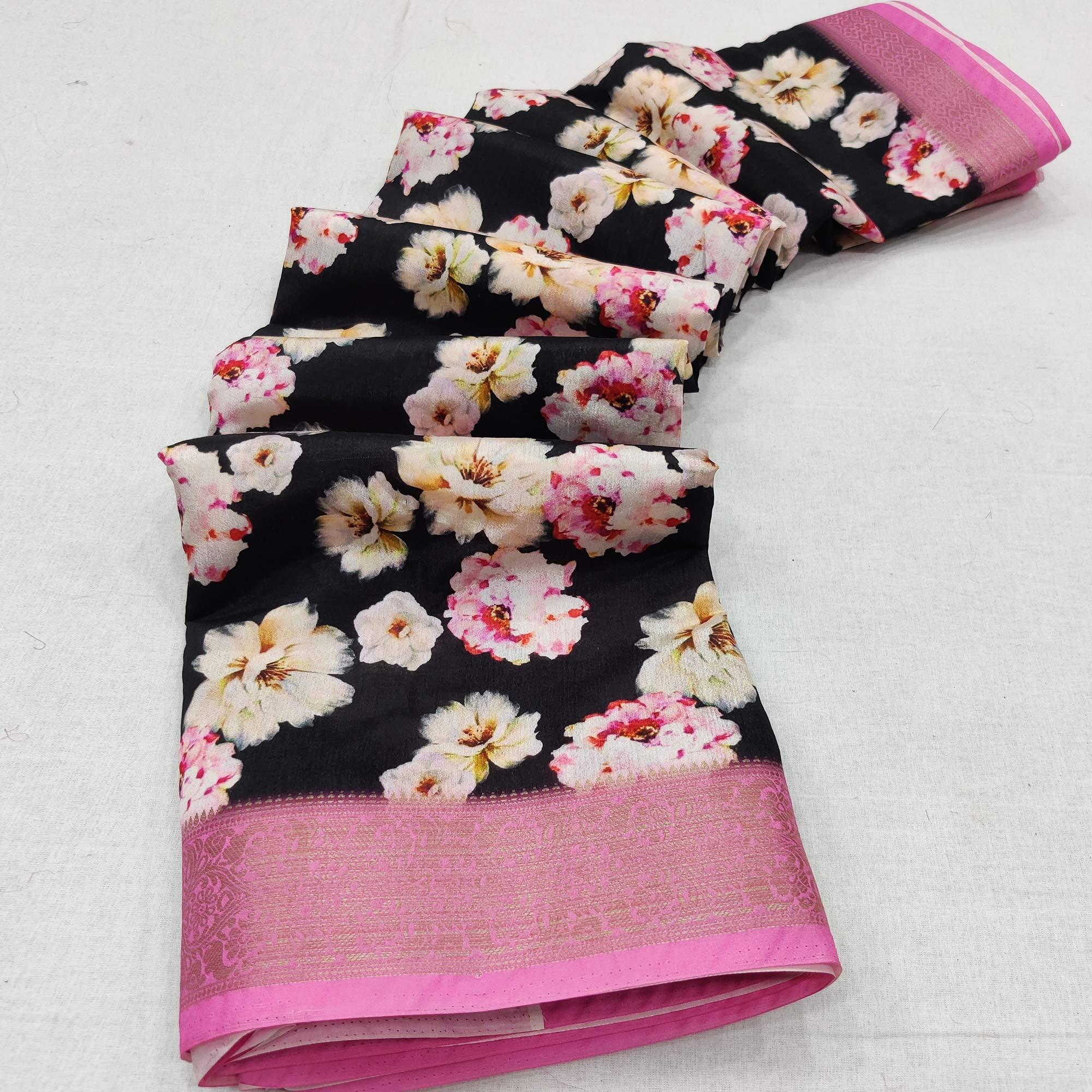 Black Digital Printed Dola Silk Saree - Peachmode