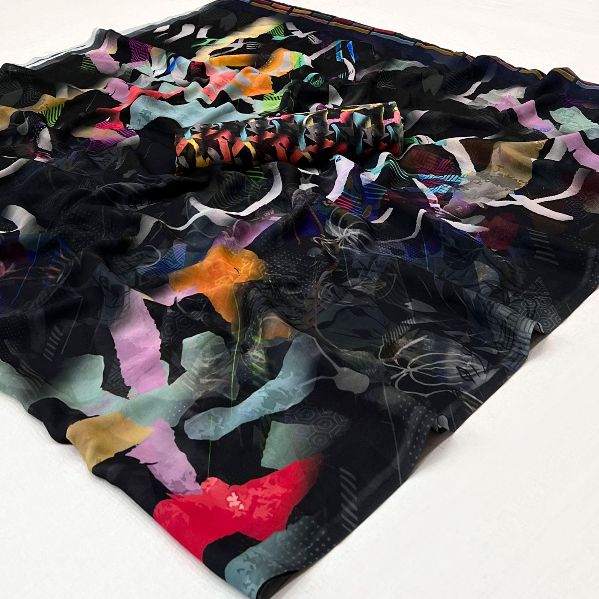 Black Digital Printed Georgette Saree - Peachmode