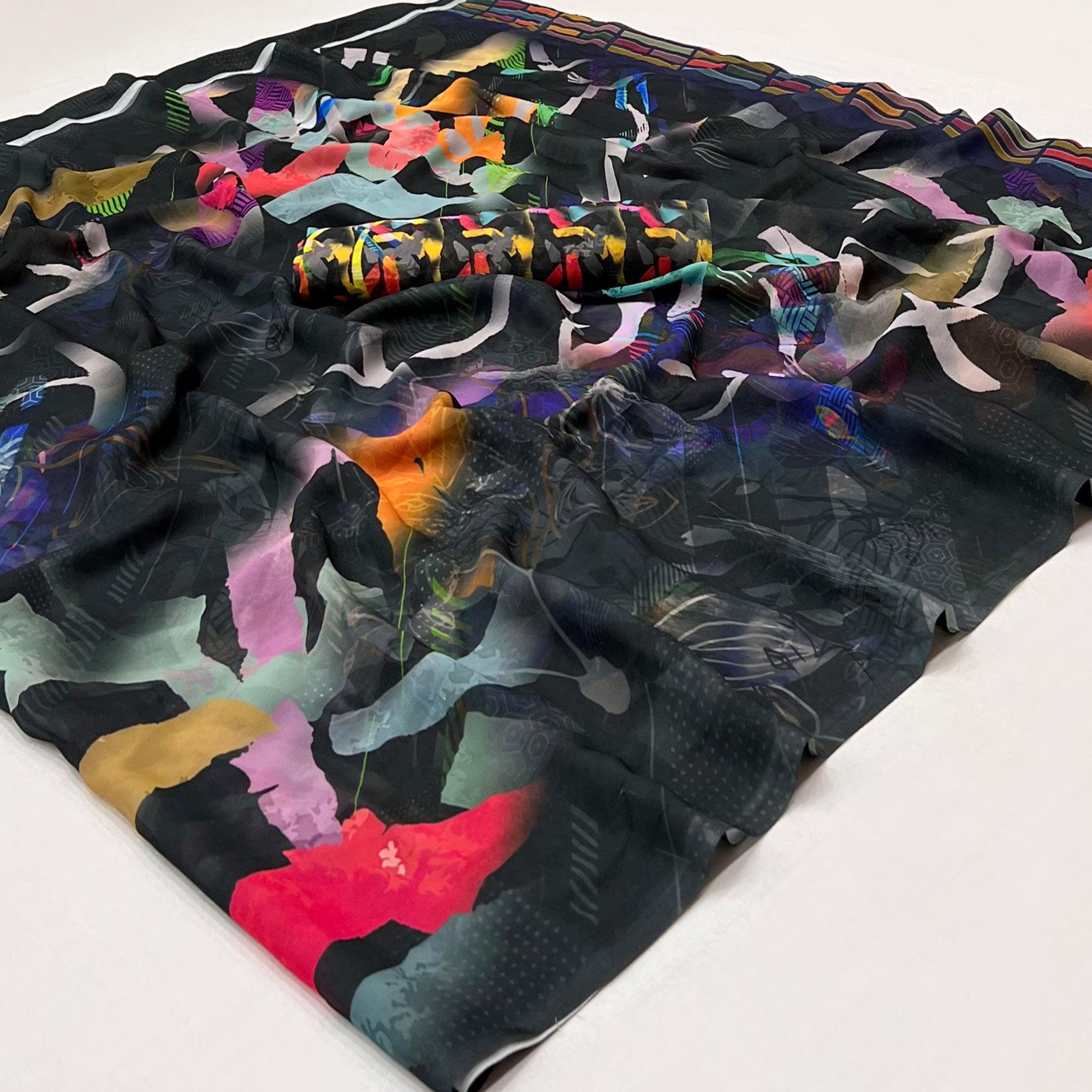 Black Digital Printed Georgette Saree - Peachmode