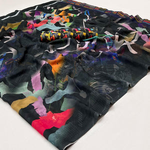 Black Digital Printed Georgette Saree - Peachmode