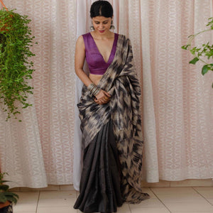 Black Digital Printed Linen Half and Half Saree - Peachmode