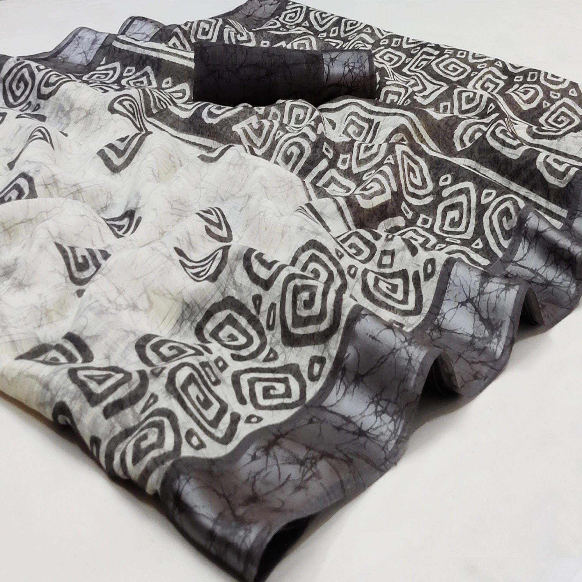 Black Digital Printed Linen Saree - Peachmode