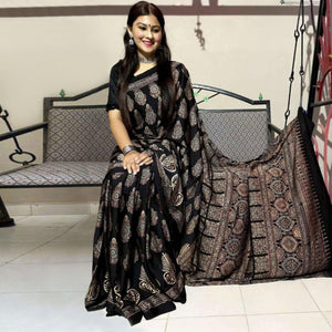 Black Digital Printed Linen Saree - Peachmode