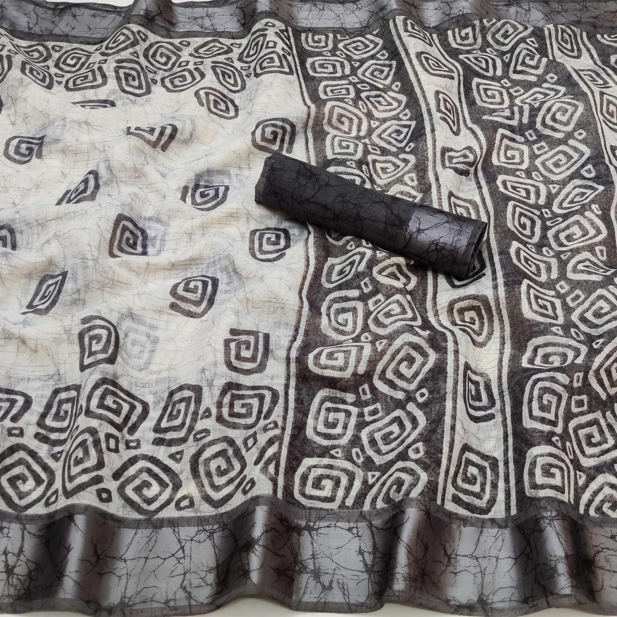 Black Digital Printed Linen Saree - Peachmode