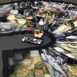 Black Digital Printed Vichitra Silk Saree - Peachmode