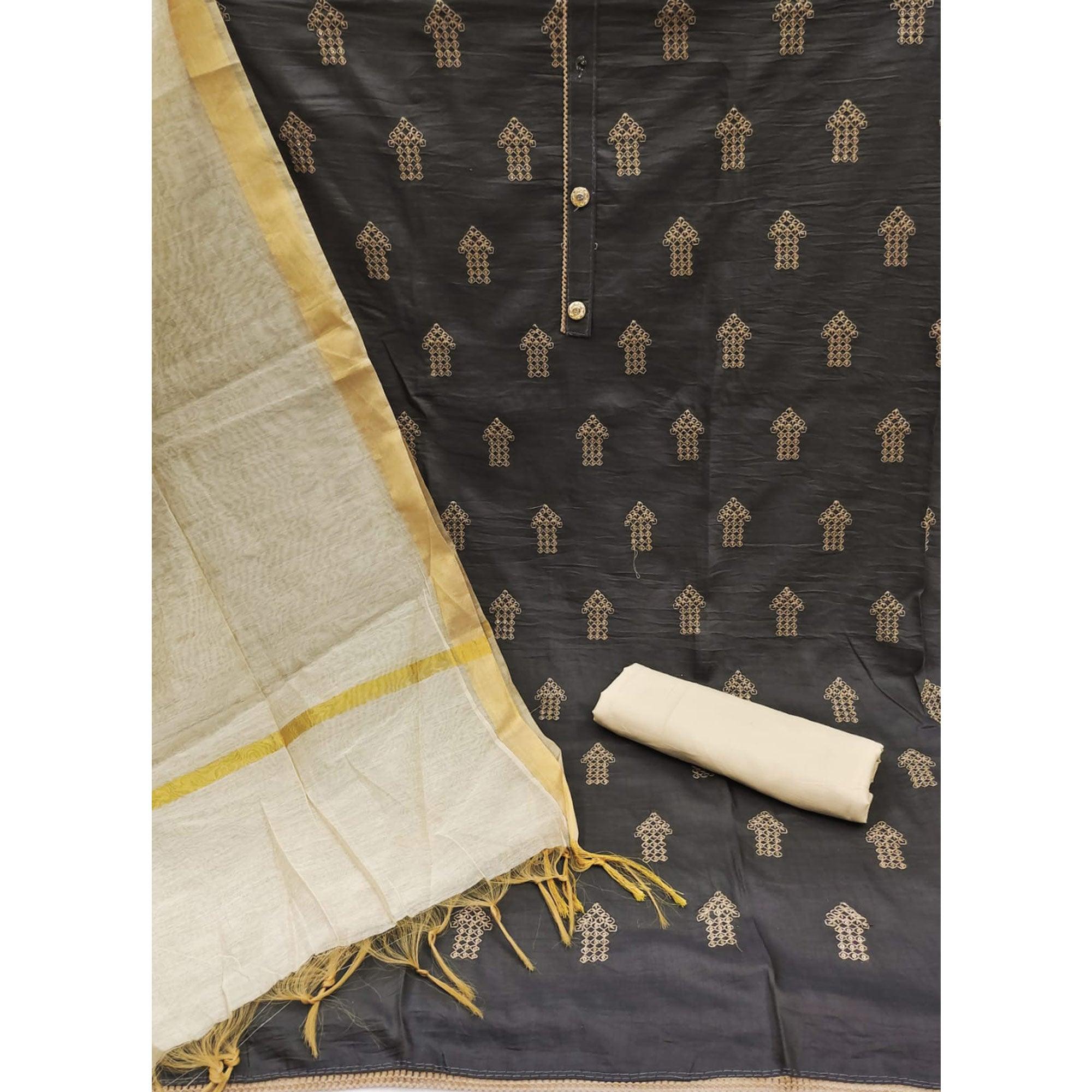 Black Embellished With Embroidered Cotton Blend Dress Material - Peachmode