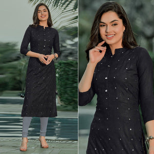 Black Embellished With Embroidered Cotton Kurti - Peachmode