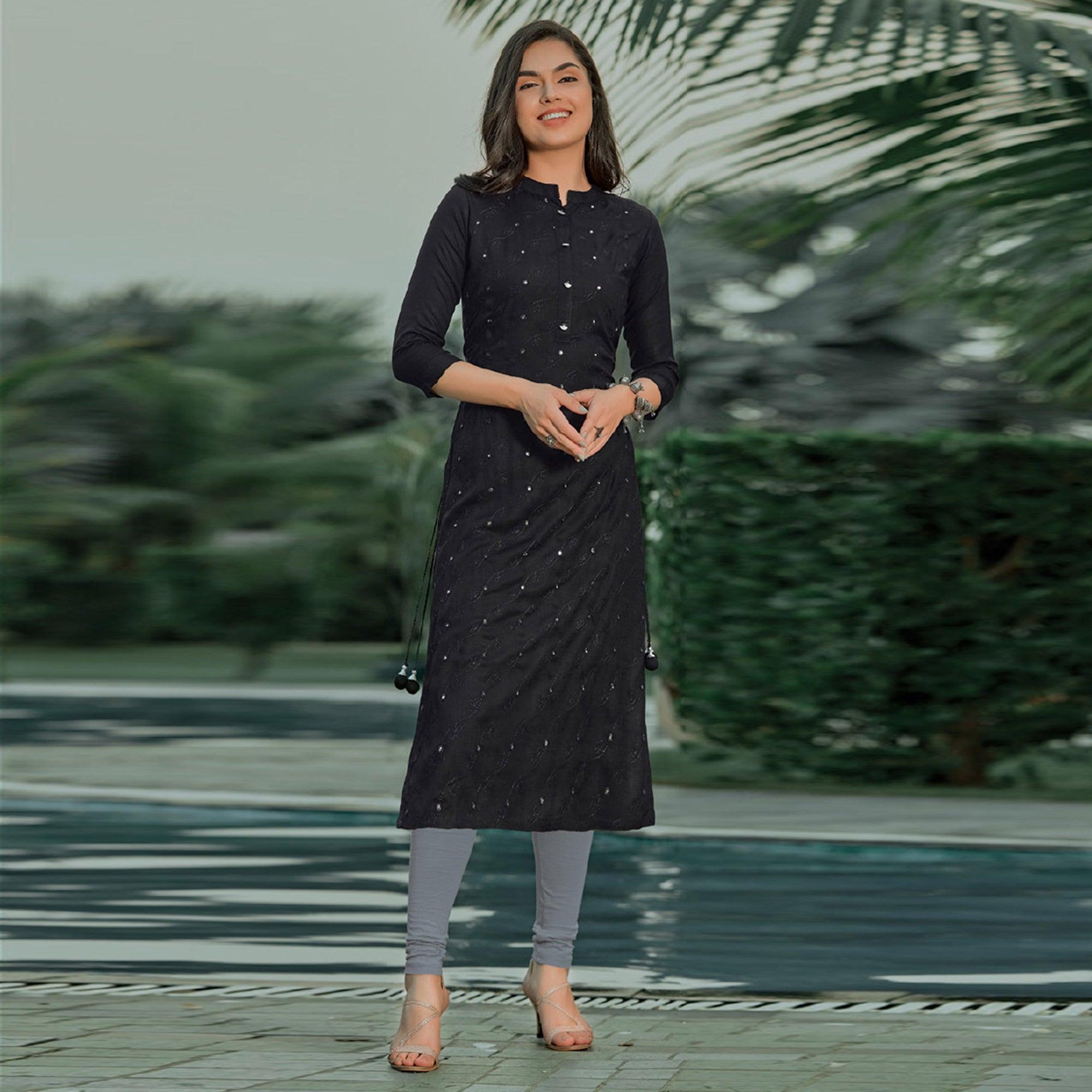 Black Embellished With Embroidered Cotton Kurti - Peachmode