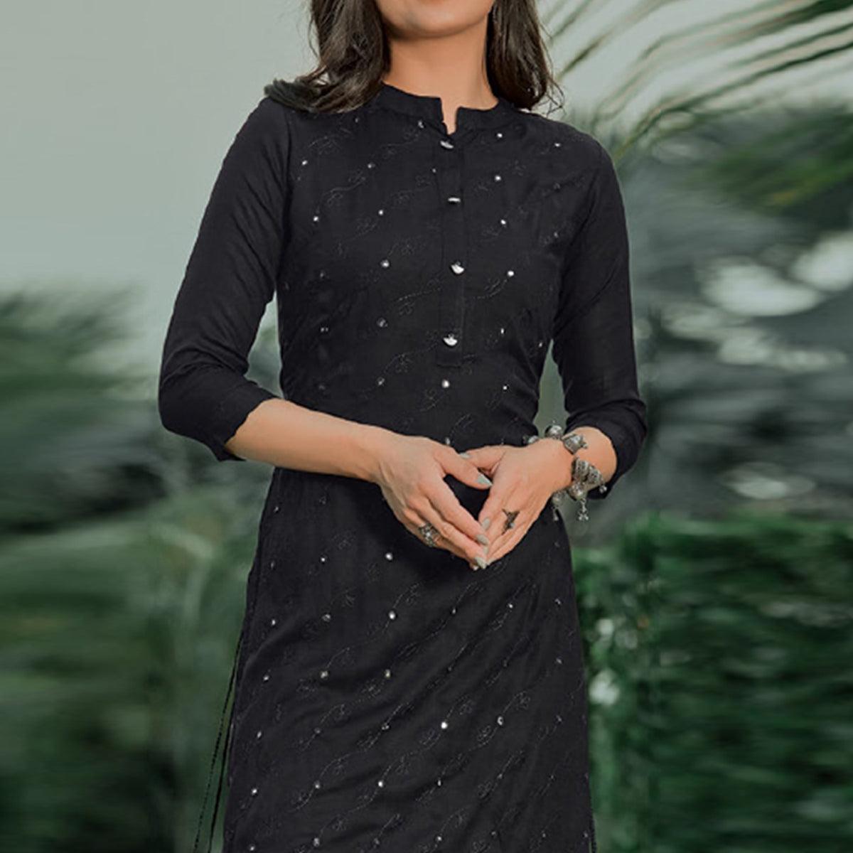 Black Embellished With Embroidered Cotton Kurti - Peachmode