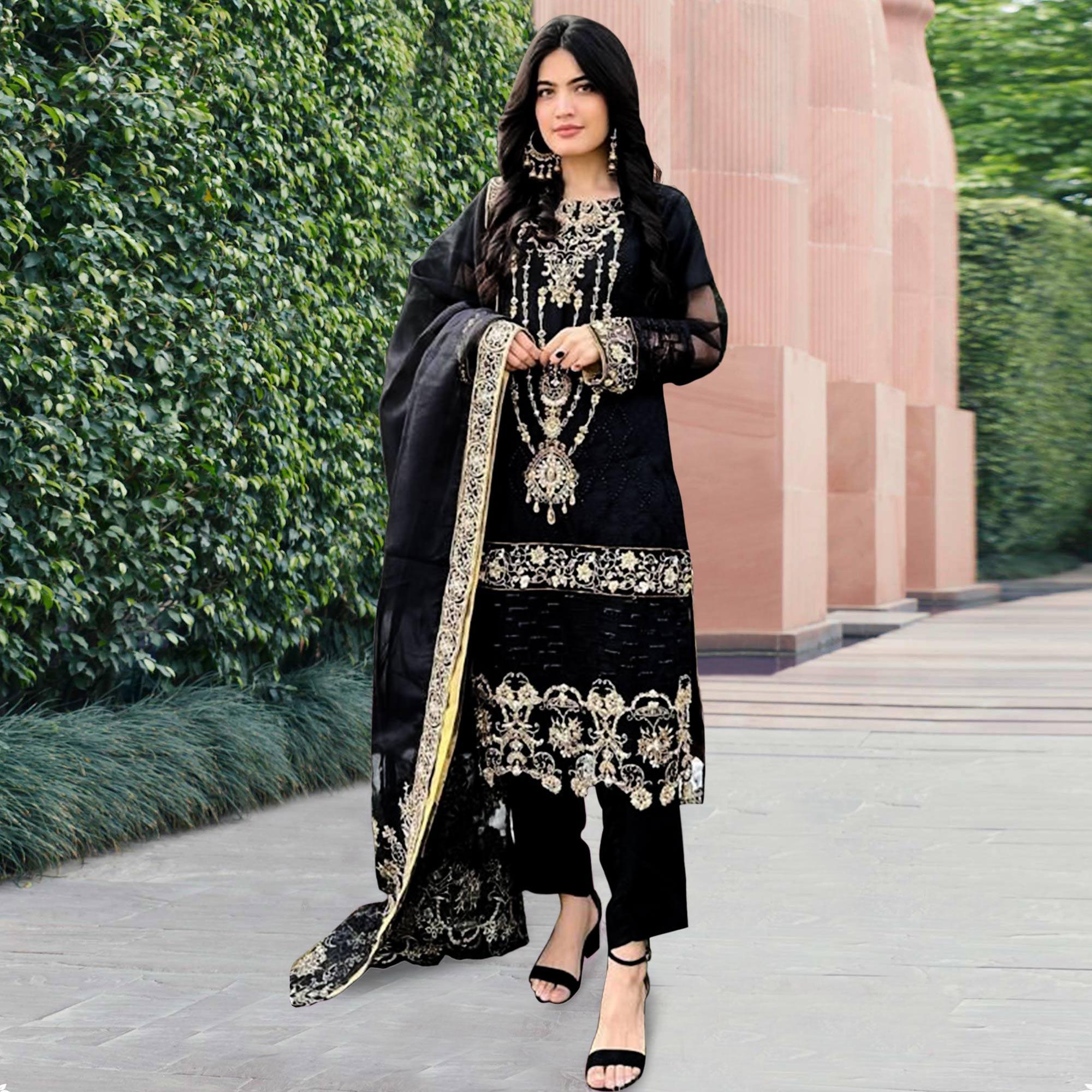 Black Embellished With Embroidered Georgette Pakistani Suit - Peachmode