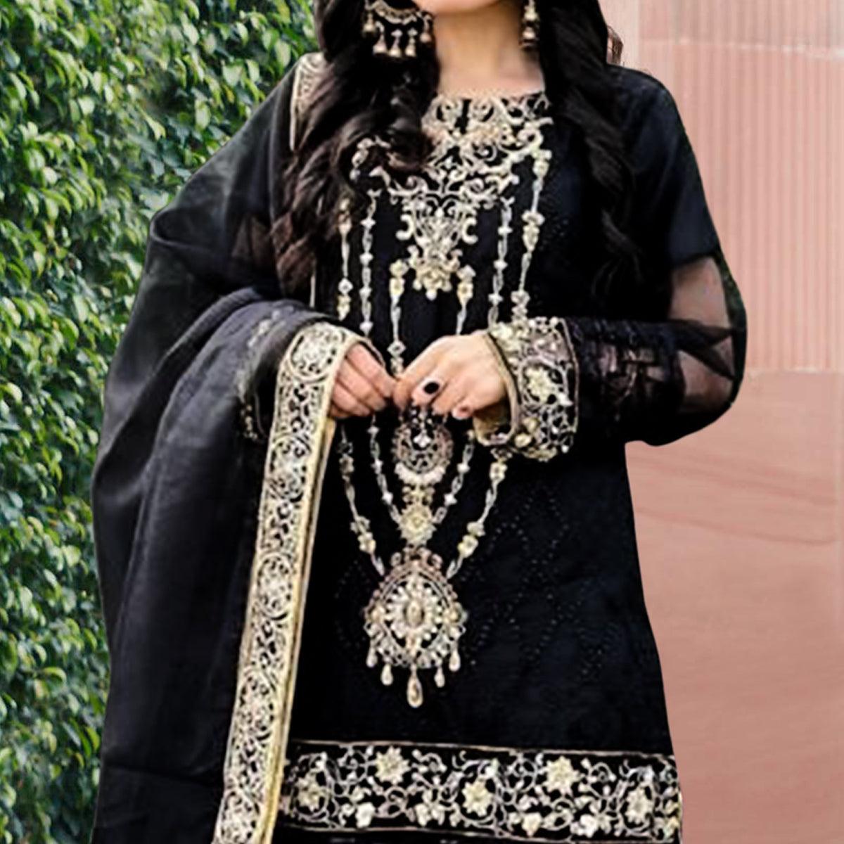 Black Embellished With Embroidered Georgette Pakistani Suit - Peachmode