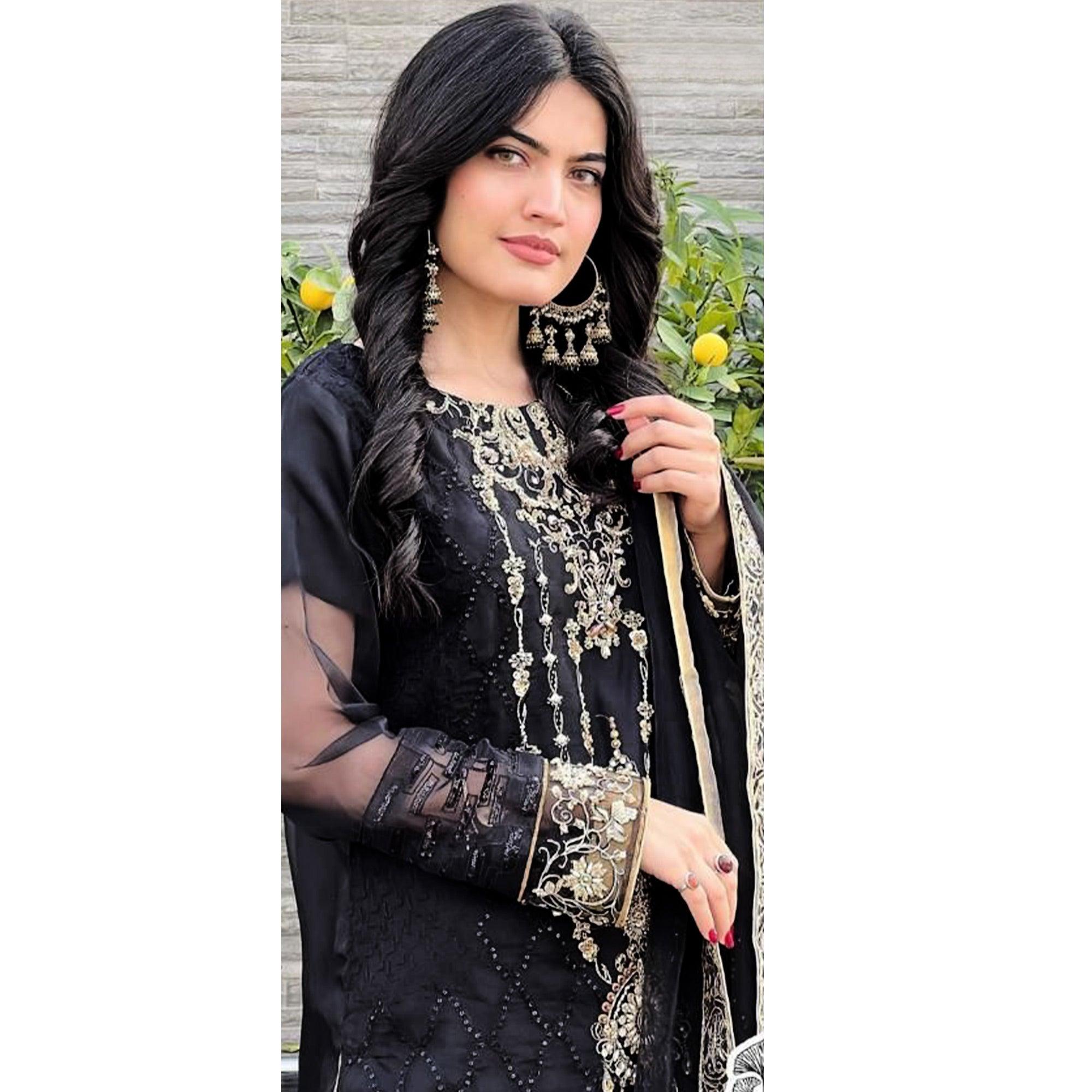Black Embellished With Embroidered Georgette Pakistani Suit - Peachmode