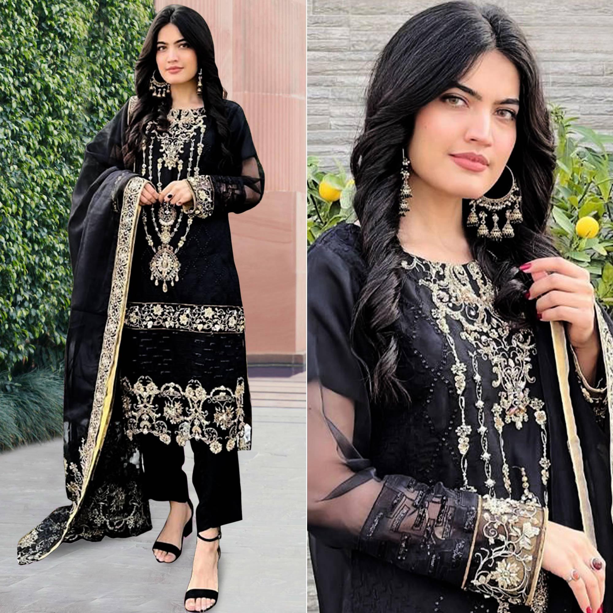 Black Embellished With Embroidered Georgette Pakistani Suit - Peachmode