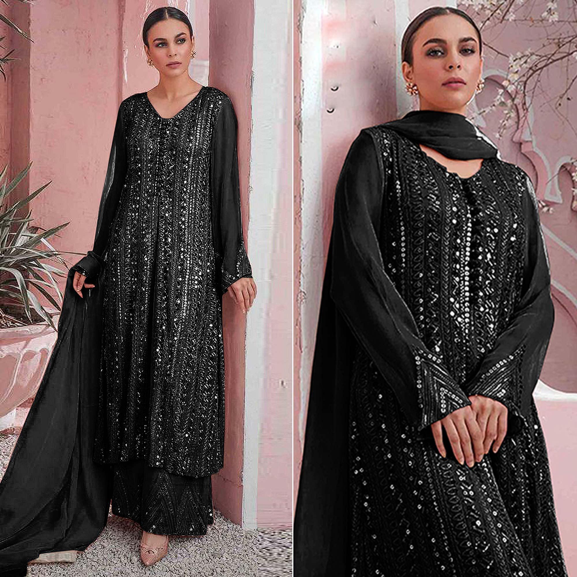Black Embellished With Embroidered Georgette Palazzo Suit - Peachmode