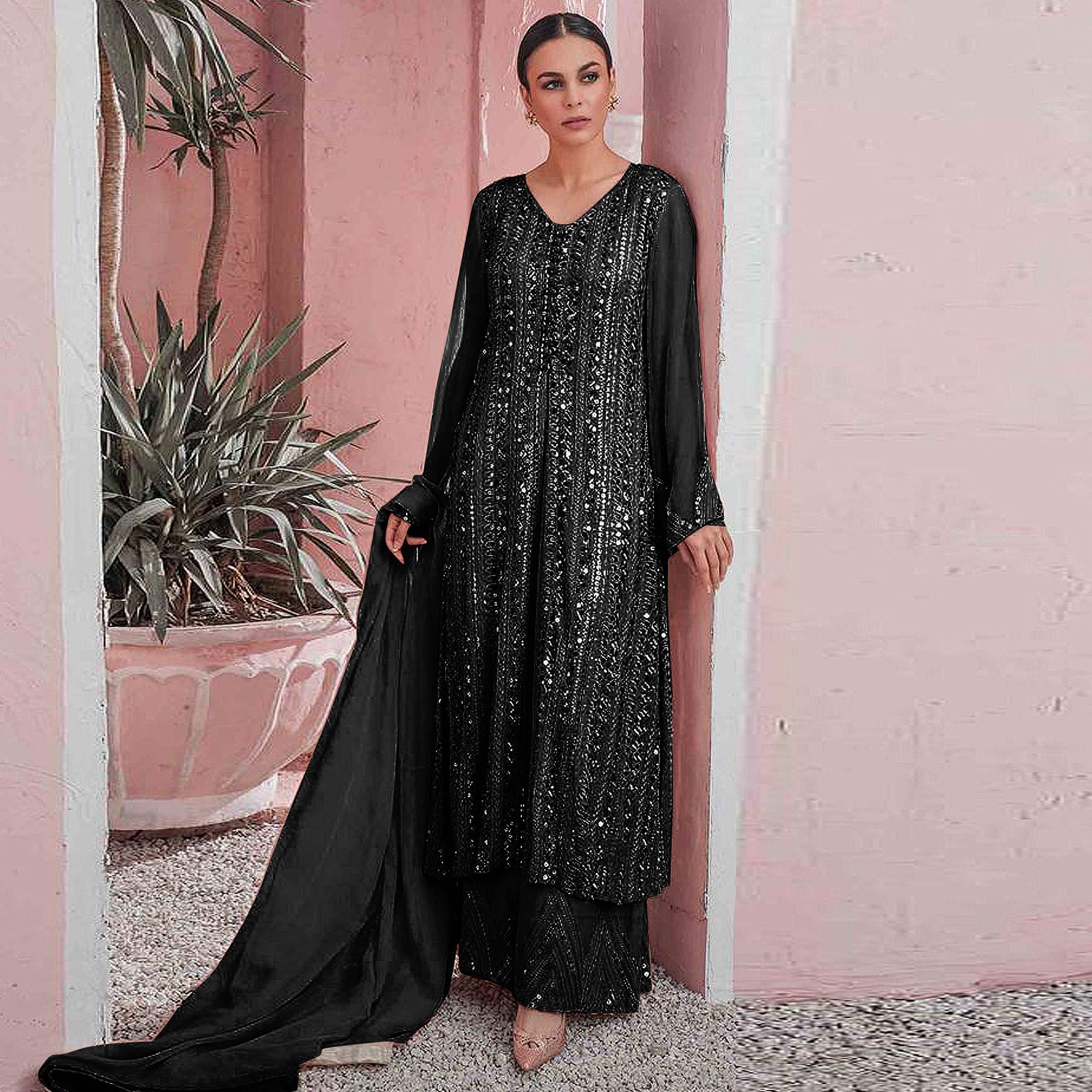 Black Embellished With Embroidered Georgette Palazzo Suit - Peachmode