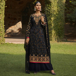Black Embellished With Embroidered Georgette Palazzo Suit - Peachmode