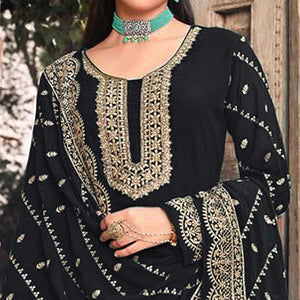 Black Embellished With Embroidered Georgette Palazzo Suit - Peachmode