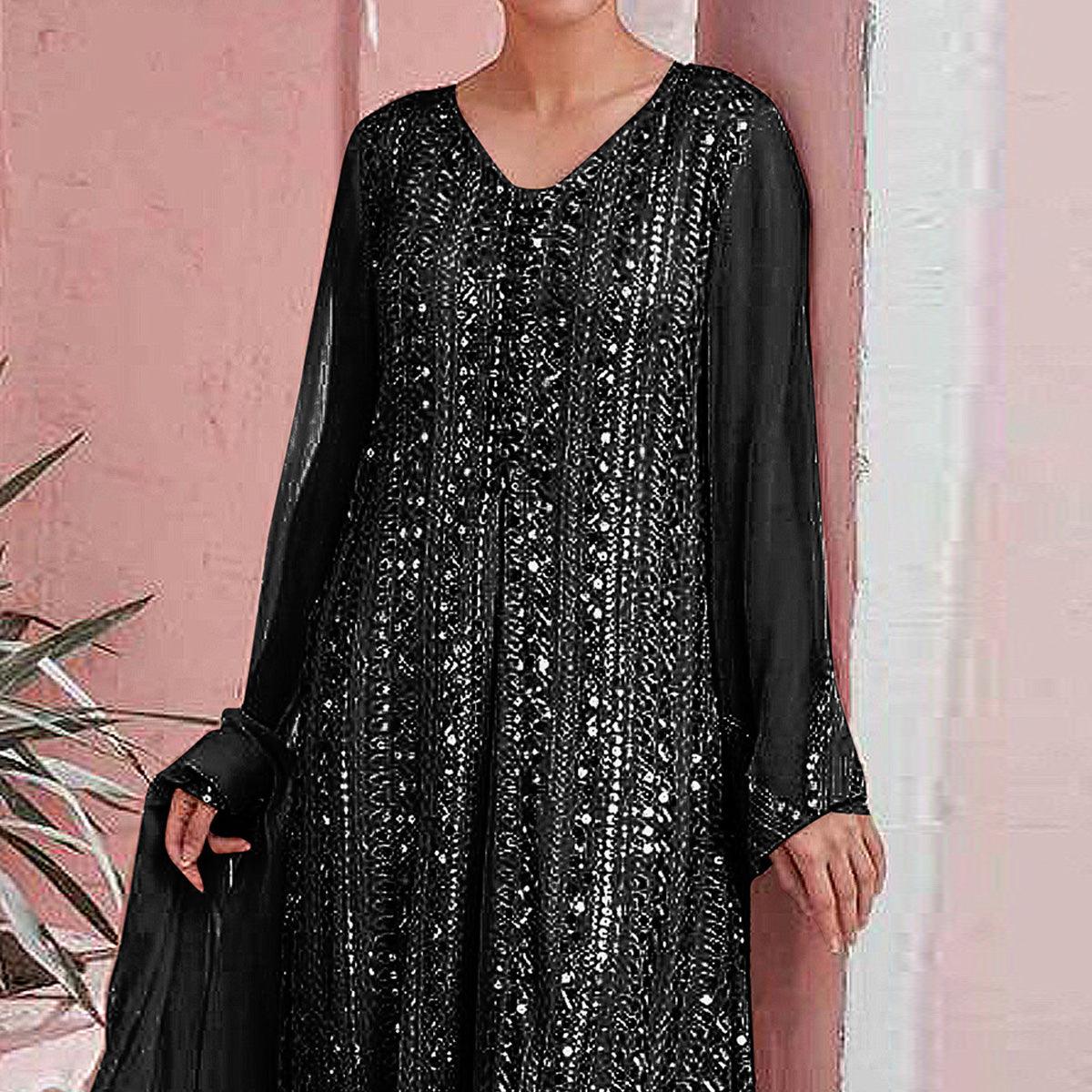 Black Embellished With Embroidered Georgette Palazzo Suit - Peachmode