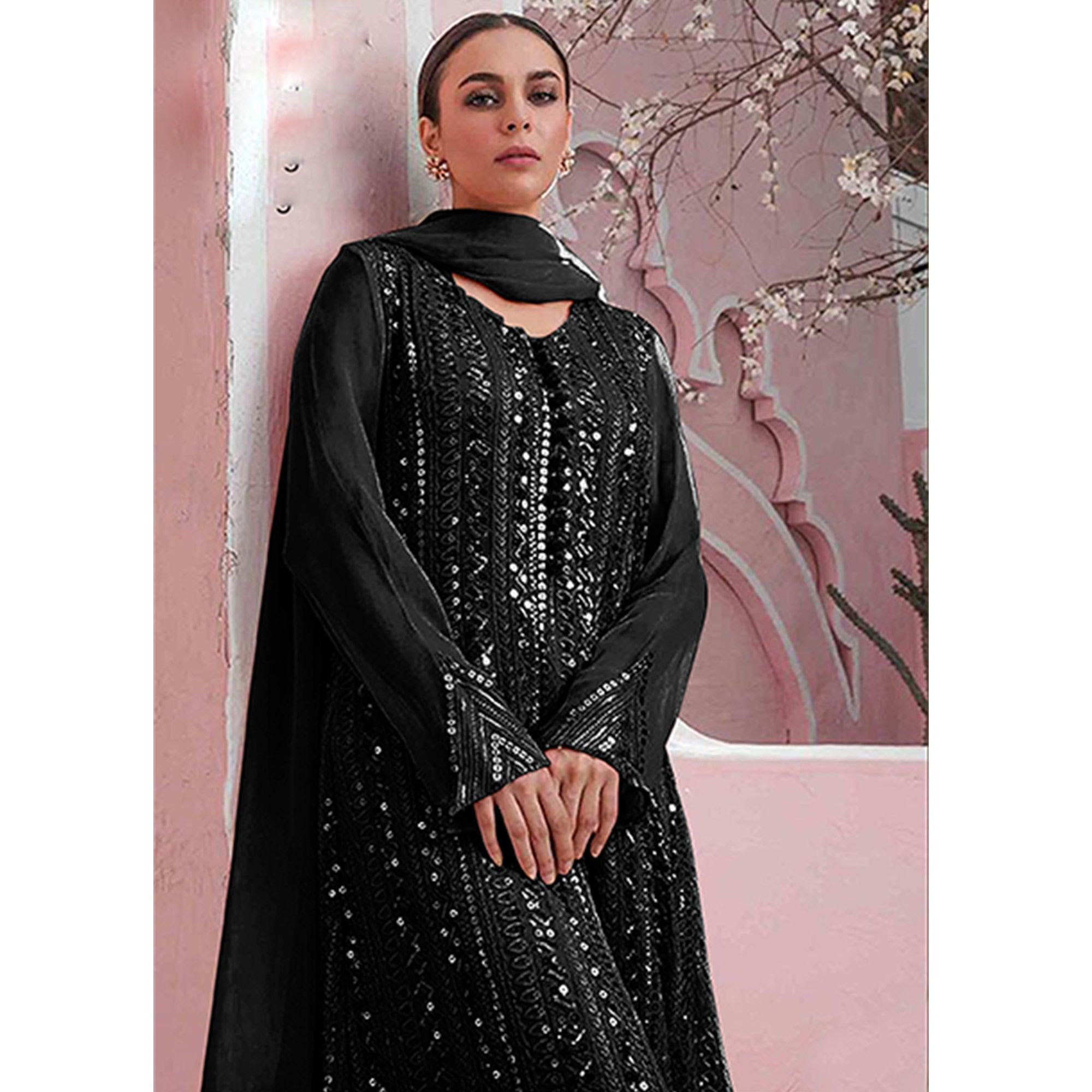 Black Embellished With Embroidered Georgette Palazzo Suit - Peachmode