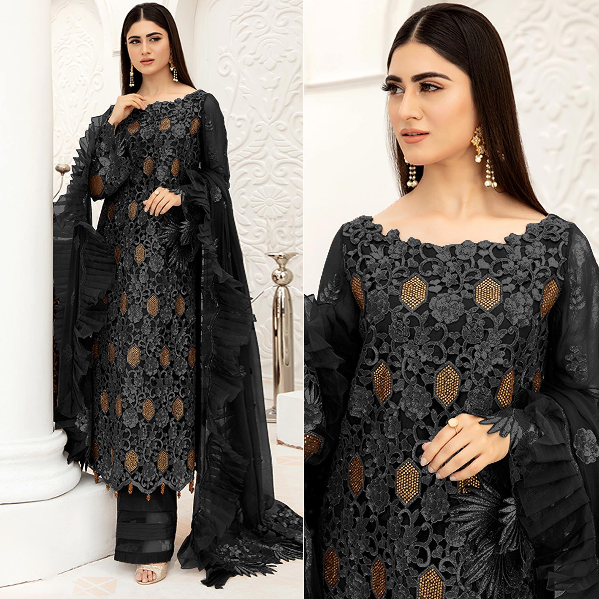 Black Embellished With Embroidered Net Pakistani Suit - Peachmode