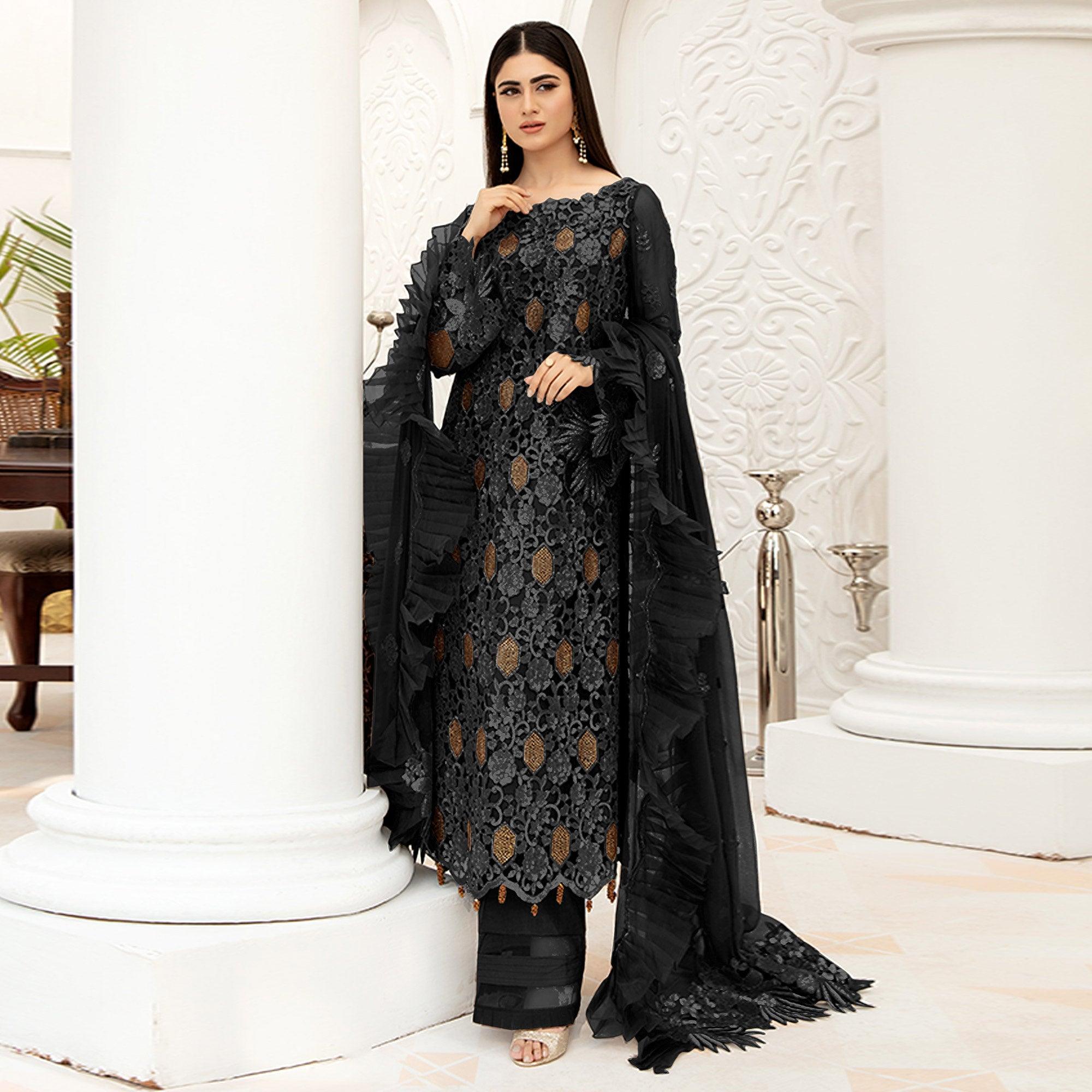 Black Embellished With Embroidered Net Pakistani Suit - Peachmode