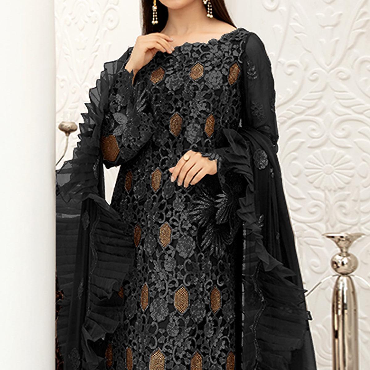 Black Embellished With Embroidered Net Pakistani Suit - Peachmode