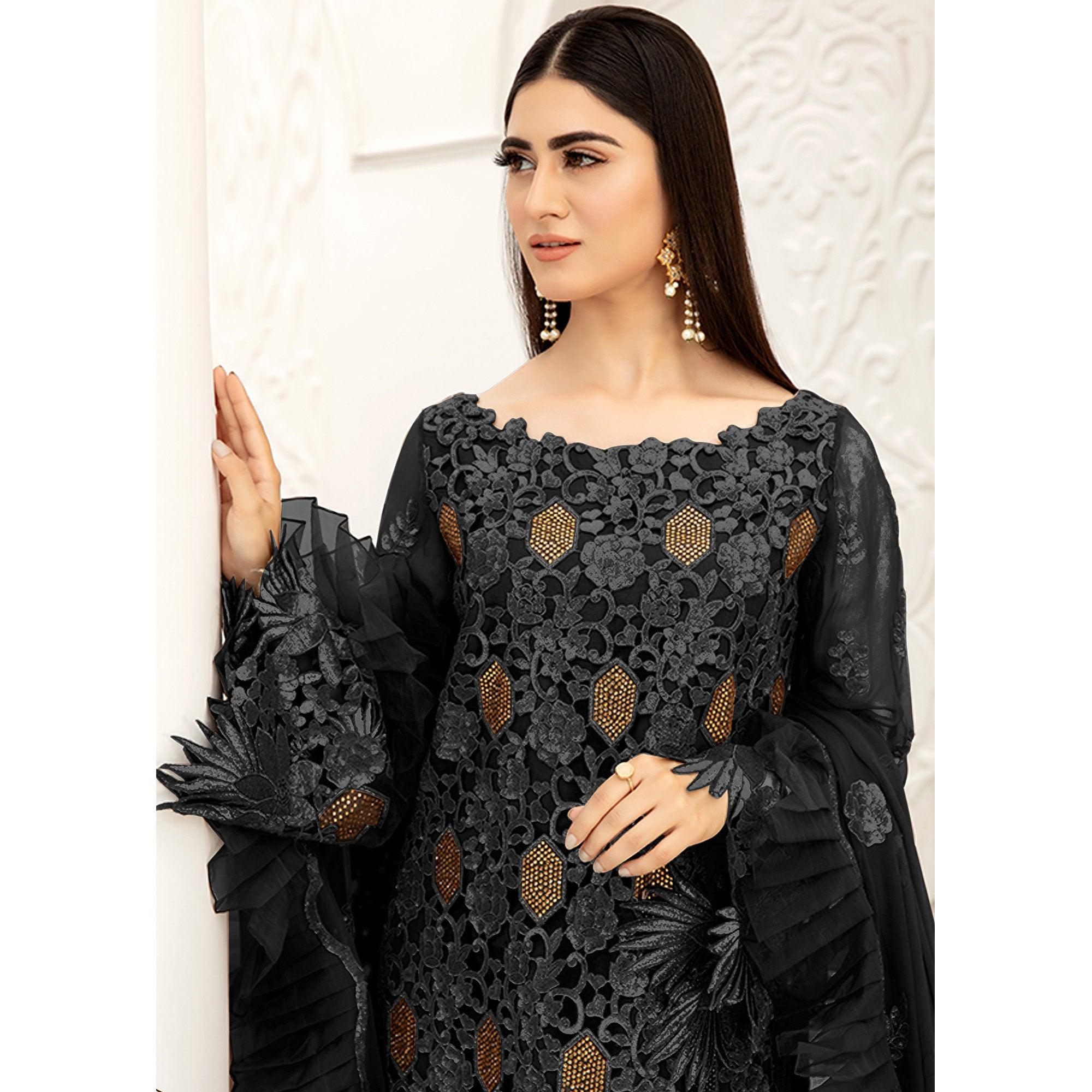 Black Embellished With Embroidered Net Pakistani Suit - Peachmode