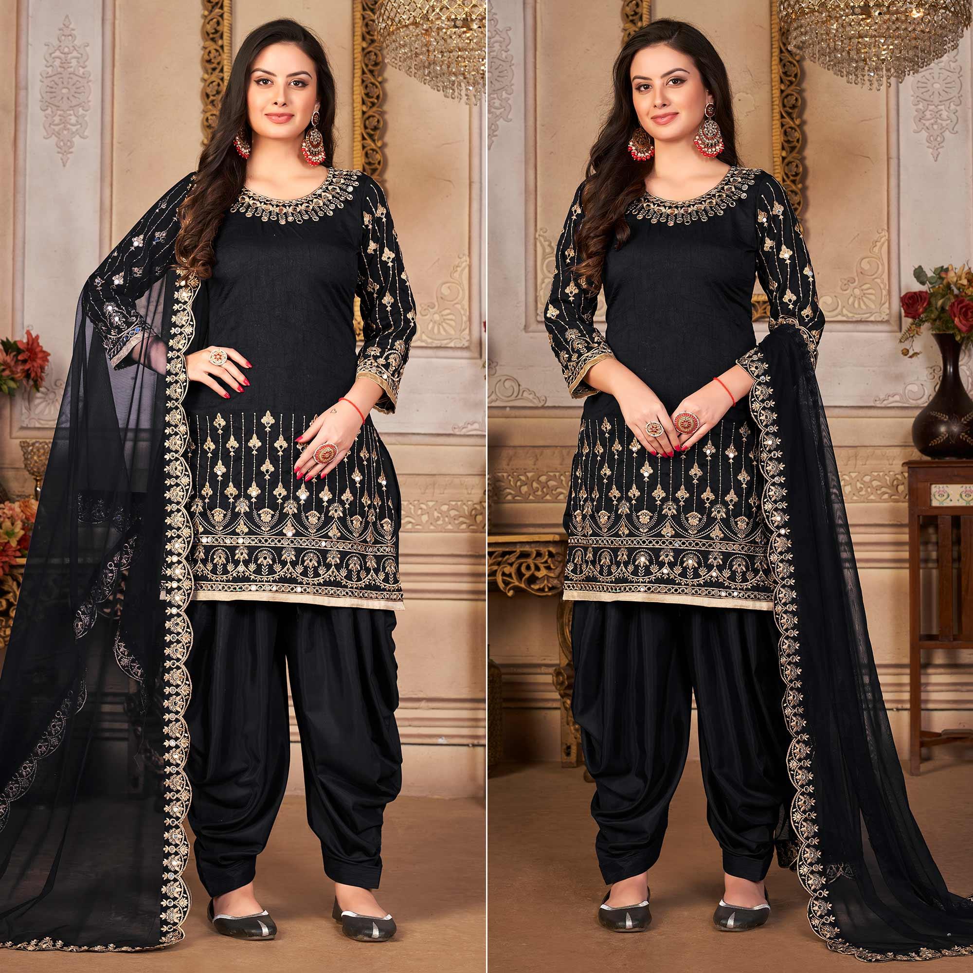 Black Embroidered Art Silk Patiala Suit - Peachmode