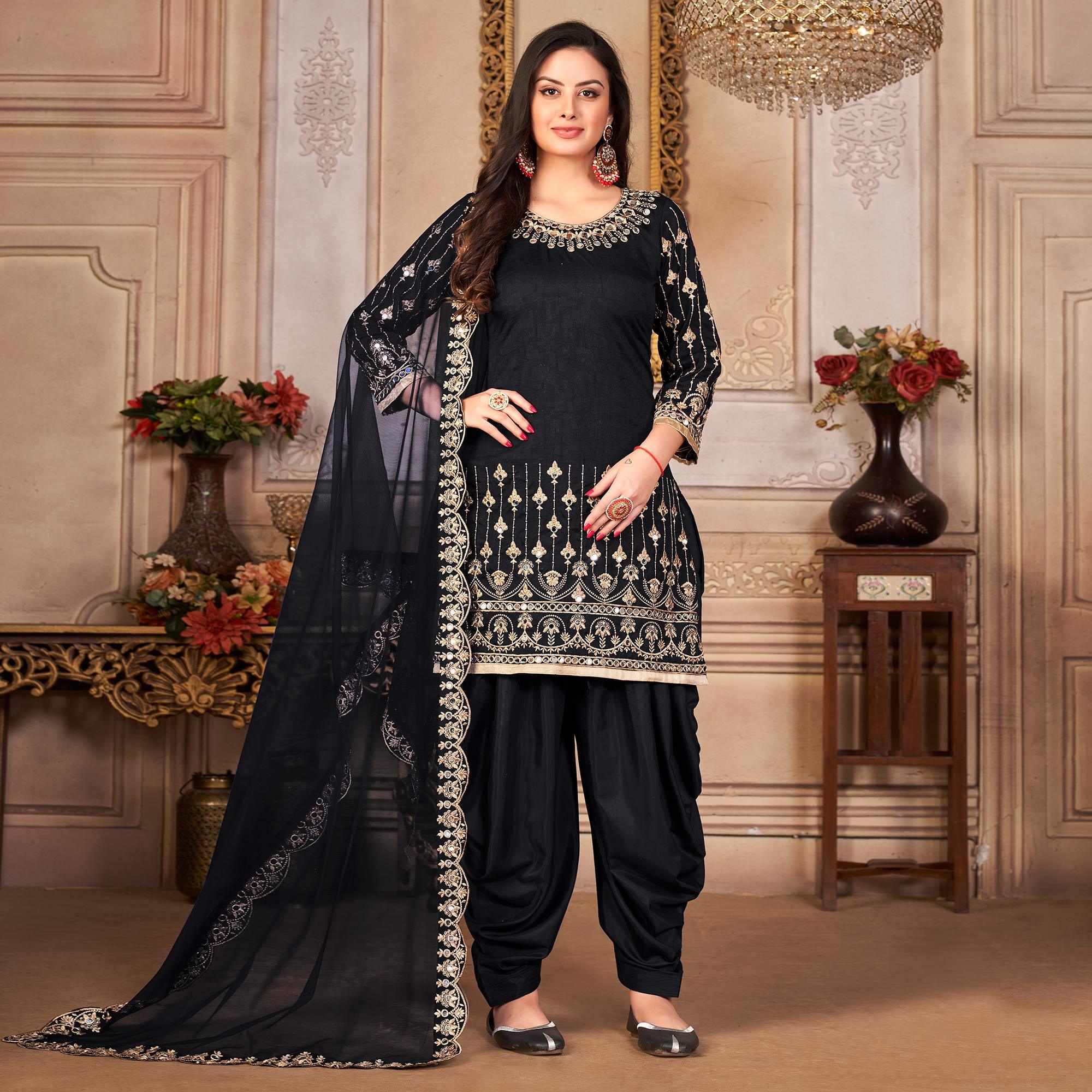 Black Embroidered Art Silk Patiala Suit - Peachmode