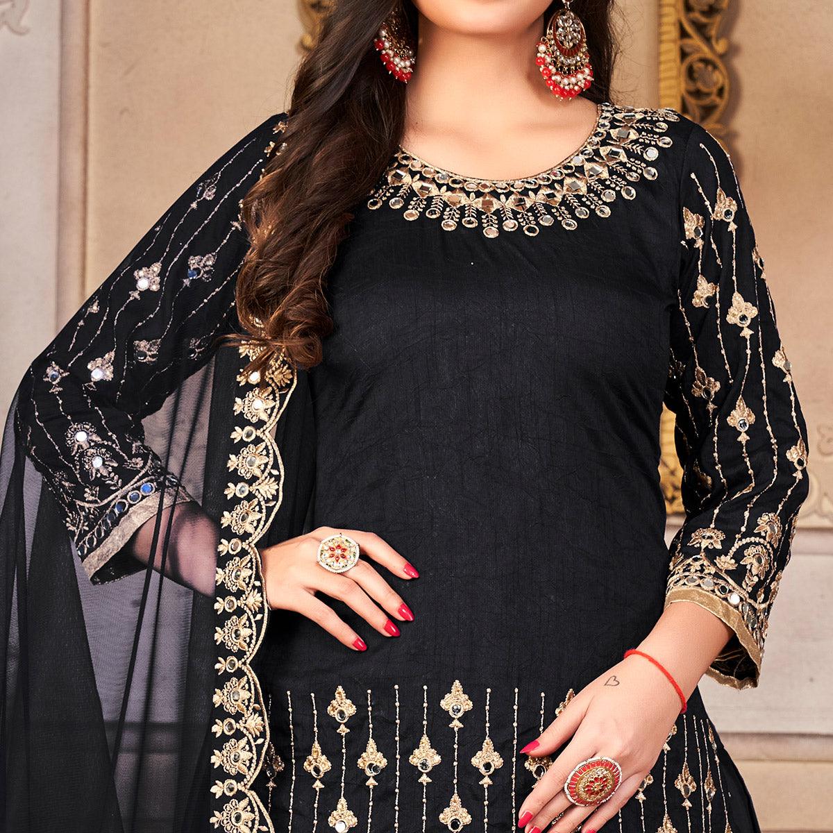 Black Embroidered Art Silk Patiala Suit - Peachmode