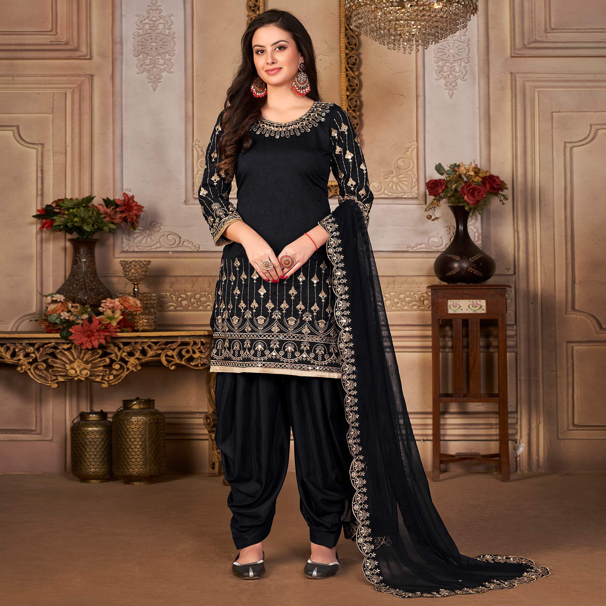 Black Embroidered Art Silk Patiala Suit - Peachmode