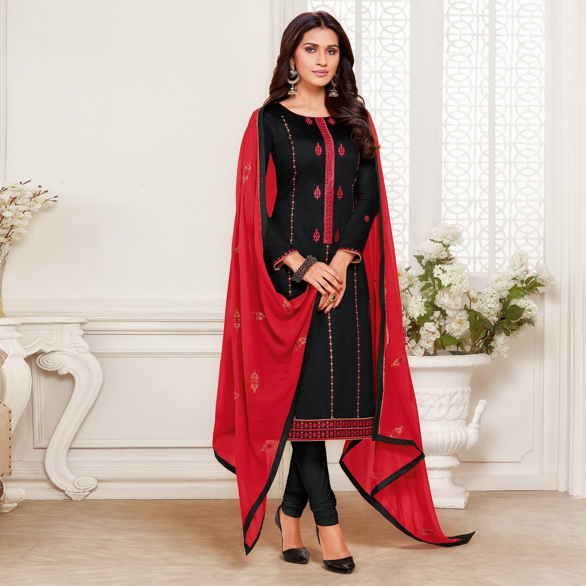 Black Embroidered Cotton Silk Dress Material - Peachmode