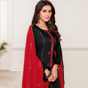 Black Embroidered Cotton Silk Dress Material - Peachmode