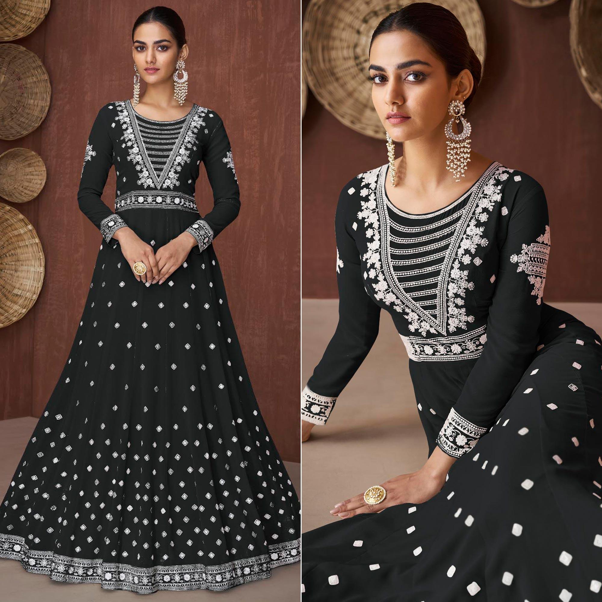 Black Embroidered Georgette Gown - Peachmode
