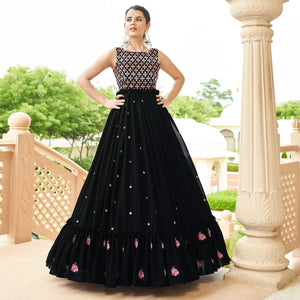 Black Embroidered Georgette Gown - Peachmode