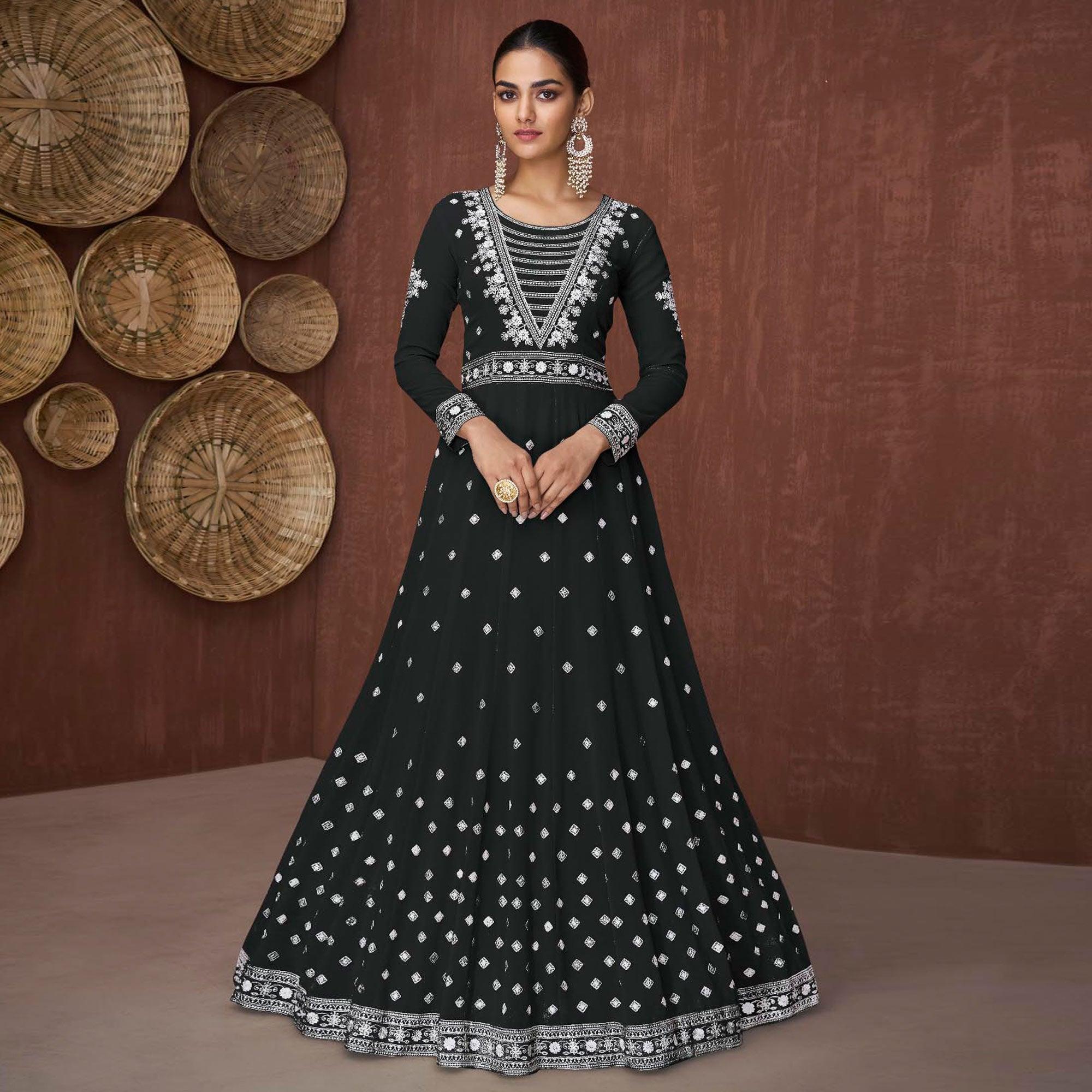 Black Embroidered Georgette Gown - Peachmode